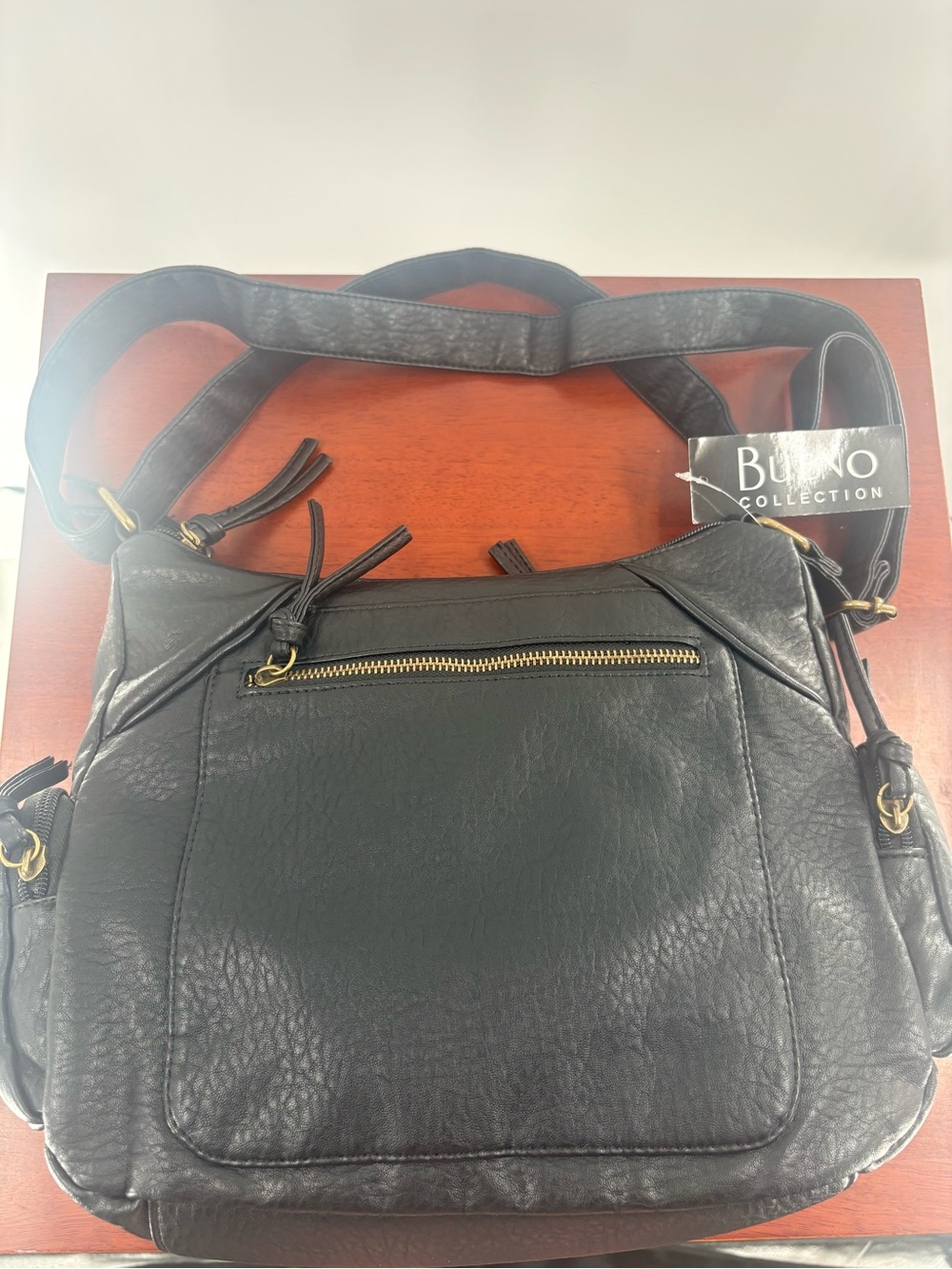 Bueno Black Leather Shoulder Bag with Brass Hardware